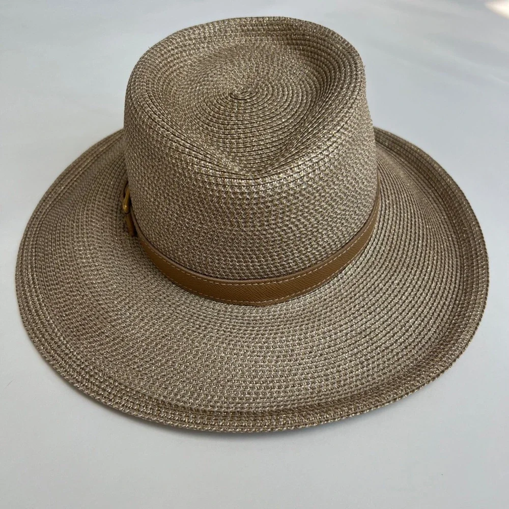Eric Javits New York Squishee Straw Hat Gold Tan Wide Brim Buckle Packable